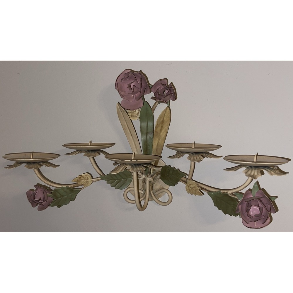 Vintage Metal Tole Candle‎ Holders with Pink Roses Wall Mount